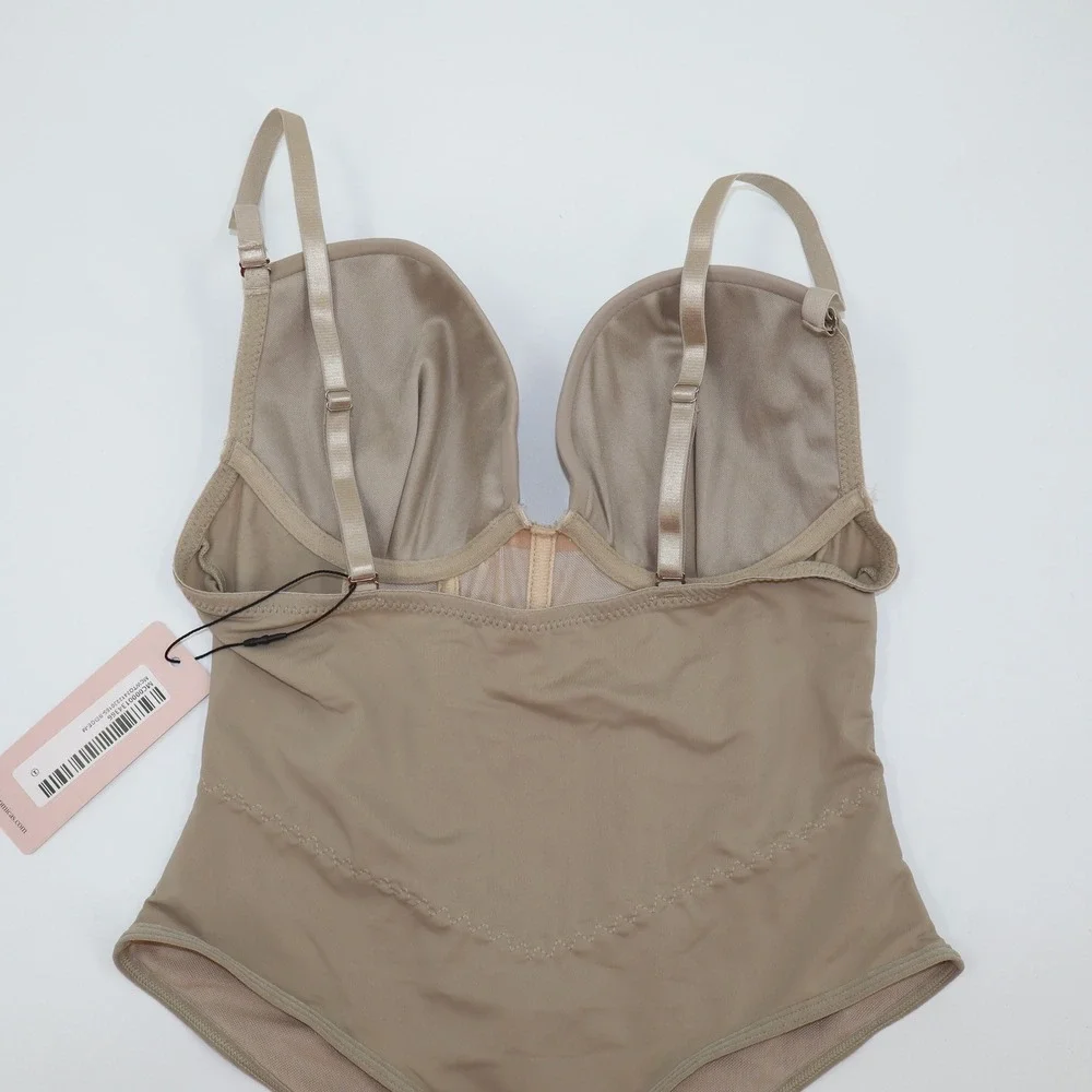 MICAS Nude Corset Mesh Panel‎ Padded Underwire Bodysuit Beige Medium NEW